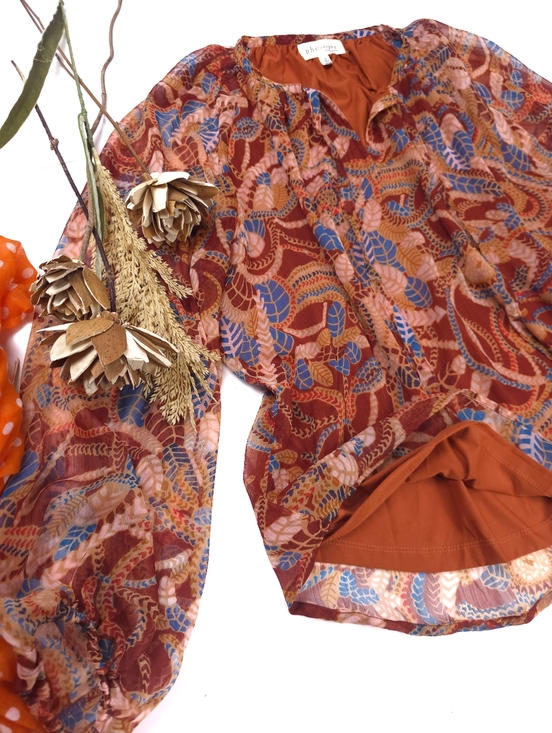 Philosophy Tops - Philosophy Printed Sheer Blouse in Rust, Blue & Pink Sz Sz L
